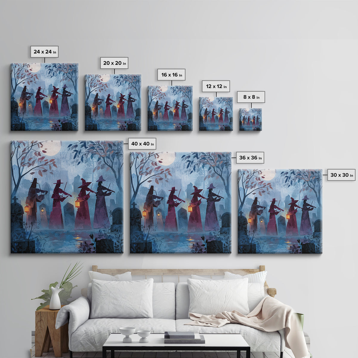The Ghostly Violin Procession - Procession Scene, Macabre Halloween Art, Square Wall Art, Framed Canvas Print, Halloween Home Decor