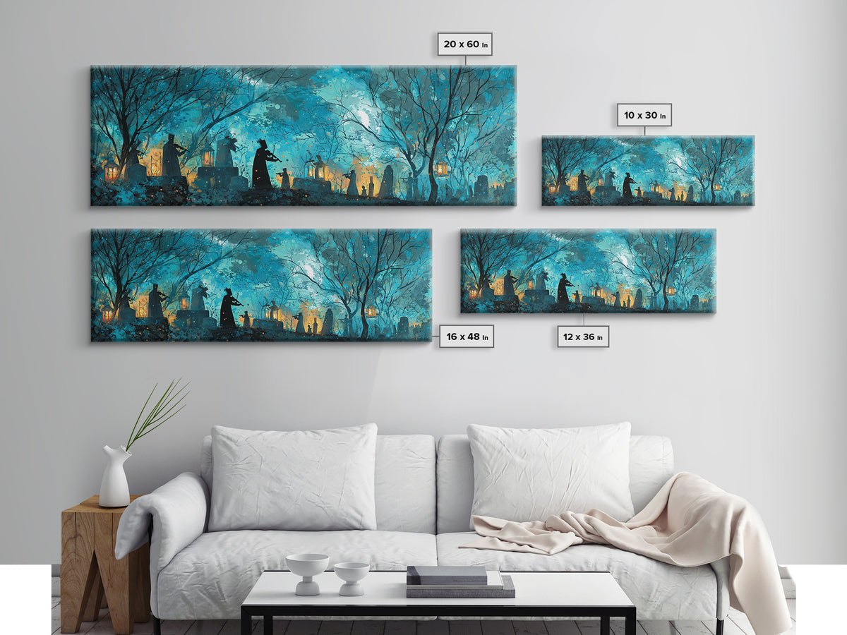 The Ghostly Violin Procession - Procession Scene, Spooky Wall Decor, Extra Wide Wall Art, Framed Canvas Print, Halloween Home Decor