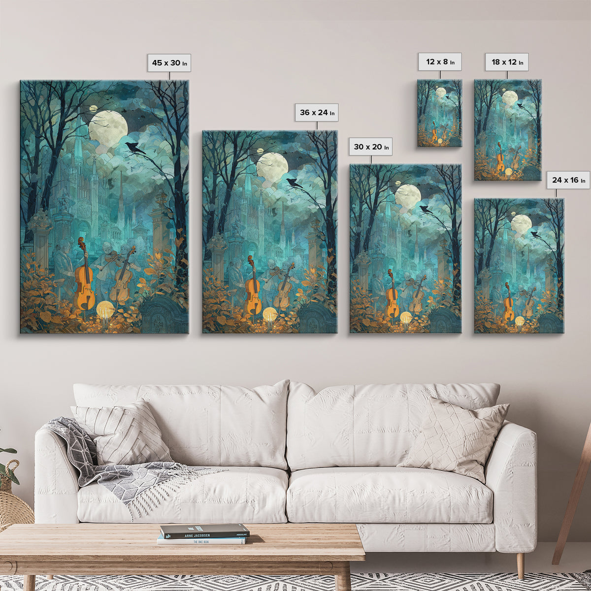 The Ghostly Violin Procession - Surreal Celestial Vision, Occult Wall Decor, Vertical Wall Art, Canvas Print, Halloween Home Decor
