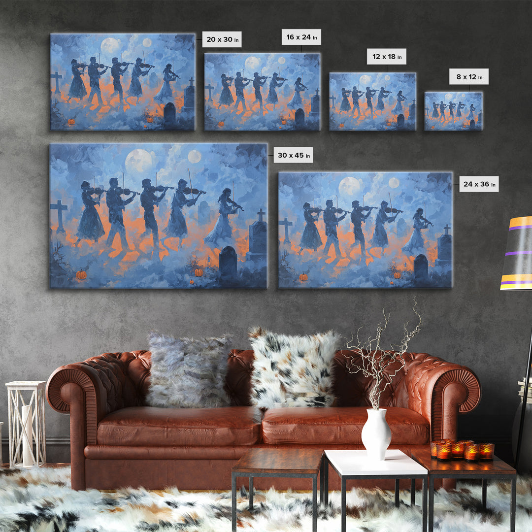 The Ghostly Violin Procession - Surreal Celestial Vision, Macabre Halloween Art, Landscape Wall Art, Framed Canvas Print, Gothic Wall Art