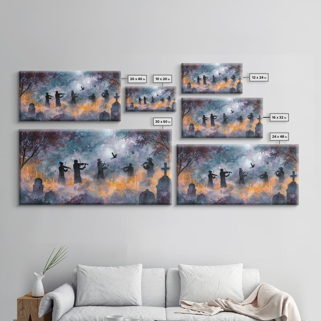 The Ghostly Violin Procession - Surreal Celestial Vision, Gothic Home Decor, Wide Panoramic Art, Canvas Print, Halloween Home Decor