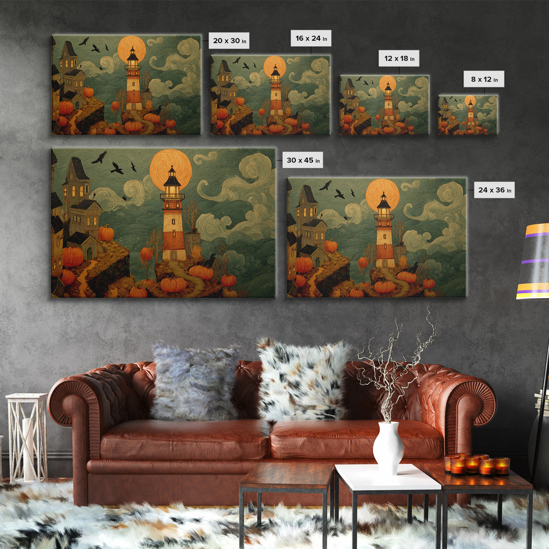 The Pumpkin Moon Lighthouse - Environmental Panorama, Dark Fantasy Wall Art, Landscape Wall Art, Canvas Print, Halloween Home Decor