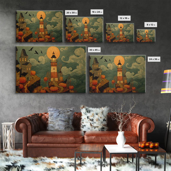 The Pumpkin Moon Lighthouse - Environmental Panorama, Dark Fantasy Wall Art, Landscape Wall Art, Canvas Print, Halloween Home Decor