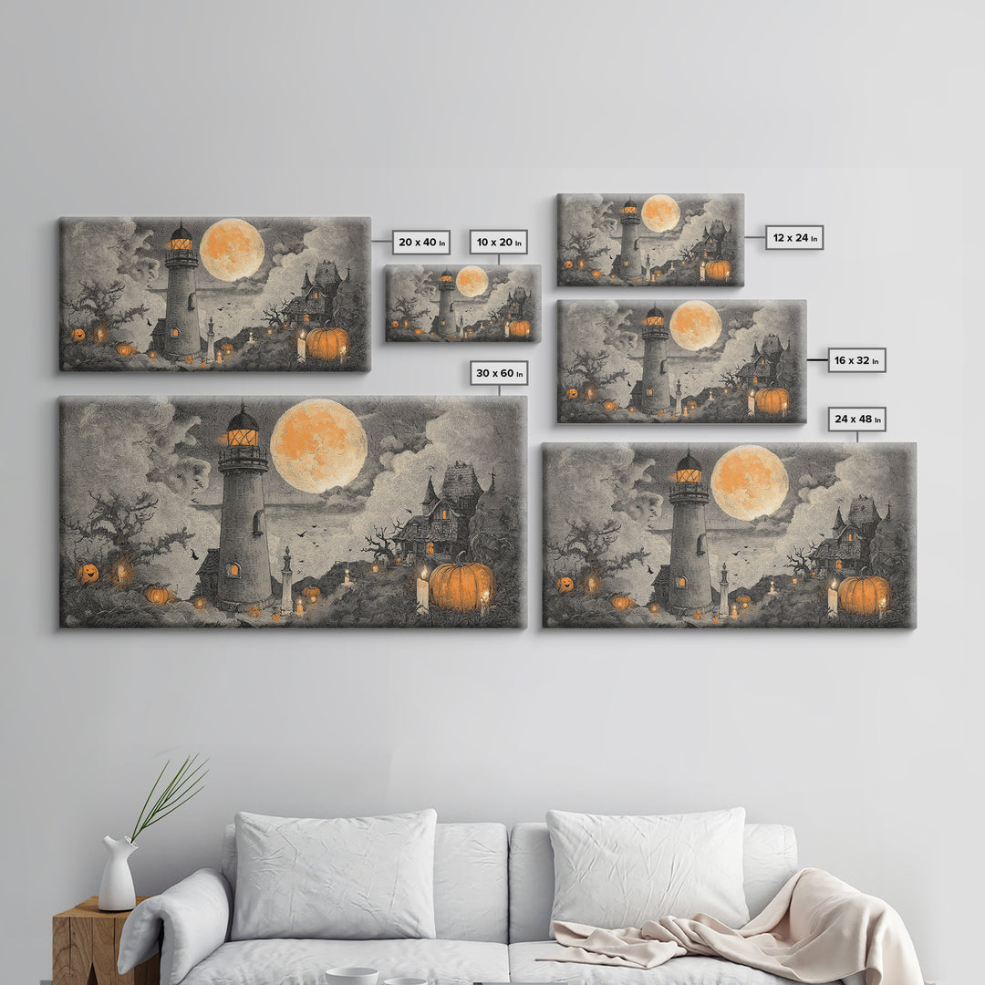 The Pumpkin Moon Lighthouse - Environmental Panorama, Dark Fantasy Wall Art, Wide Panoramic Art, Canvas Print, Halloween Home Decor