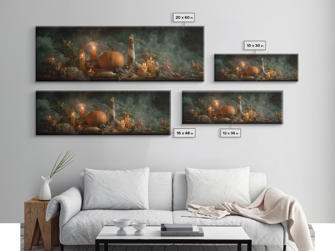 The Pumpkin Moon Lighthouse - Occult Still Life, Occult Wall Decor, Extra Wide Wall Art, Canvas Print, Halloween Home Decor, Gothic Wall Art