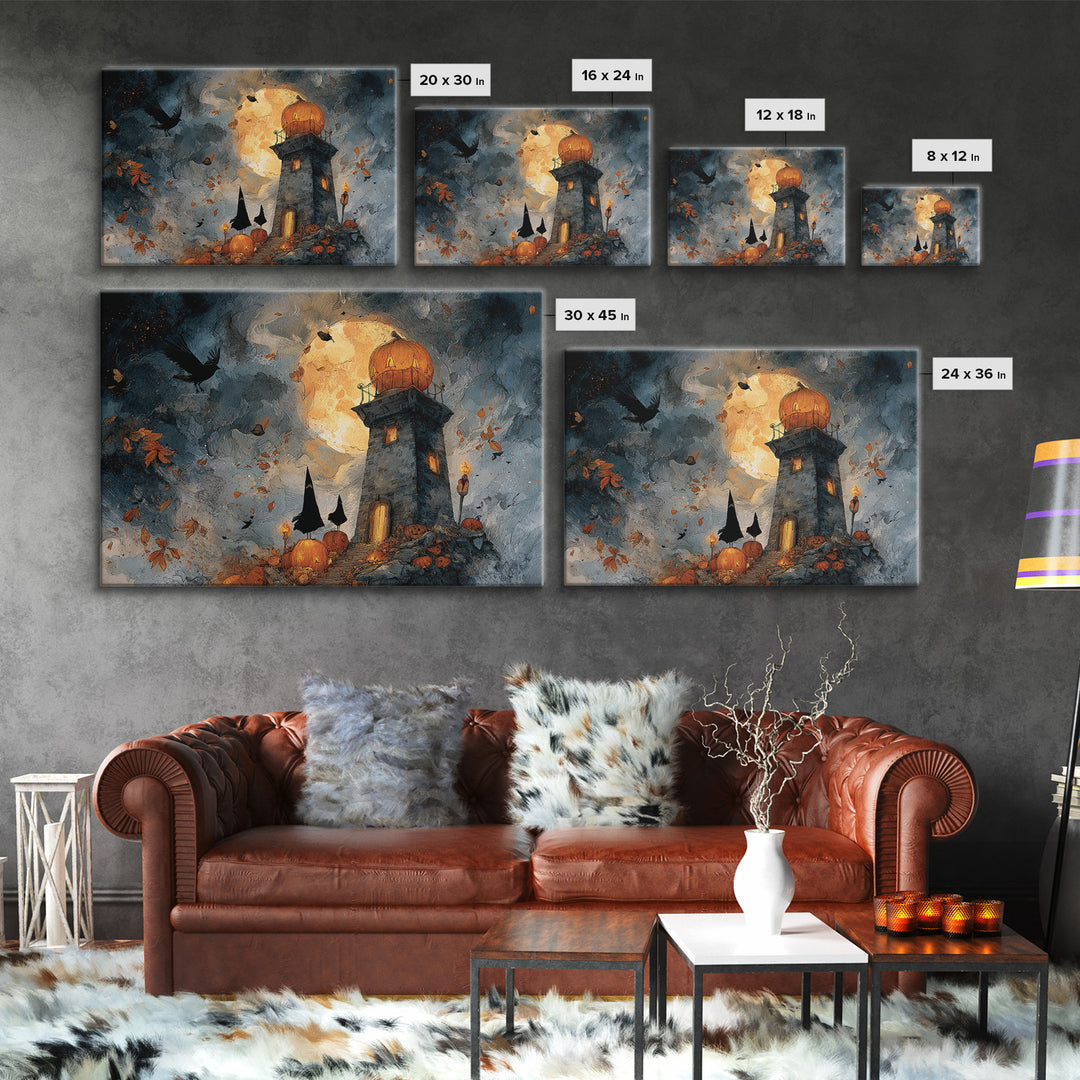 The Pumpkin Moon Lighthouse - Procession Scene, Dark Fantasy Wall Art, Landscape Wall Art, Canvas Print, Halloween Home Decor
