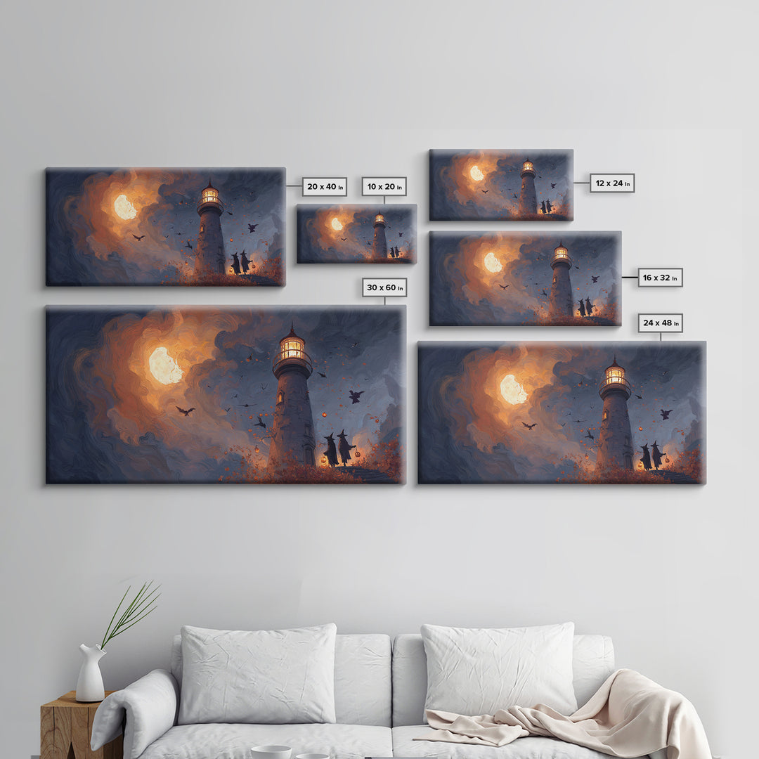 The Pumpkin Moon Lighthouse - Procession Scene, Occult Wall Decor, Wide Panoramic Art, Canvas Print, Halloween Home Decor, Gothic Wall Art