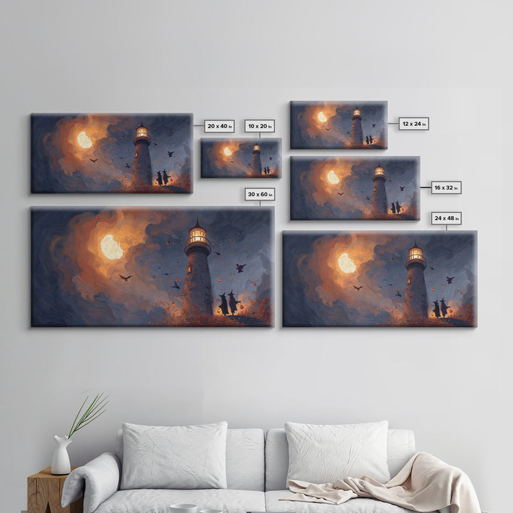 The Pumpkin Moon Lighthouse - Procession Scene, Occult Wall Decor, Wide Panoramic Art, Canvas Print, Halloween Home Decor, Gothic Wall Art
