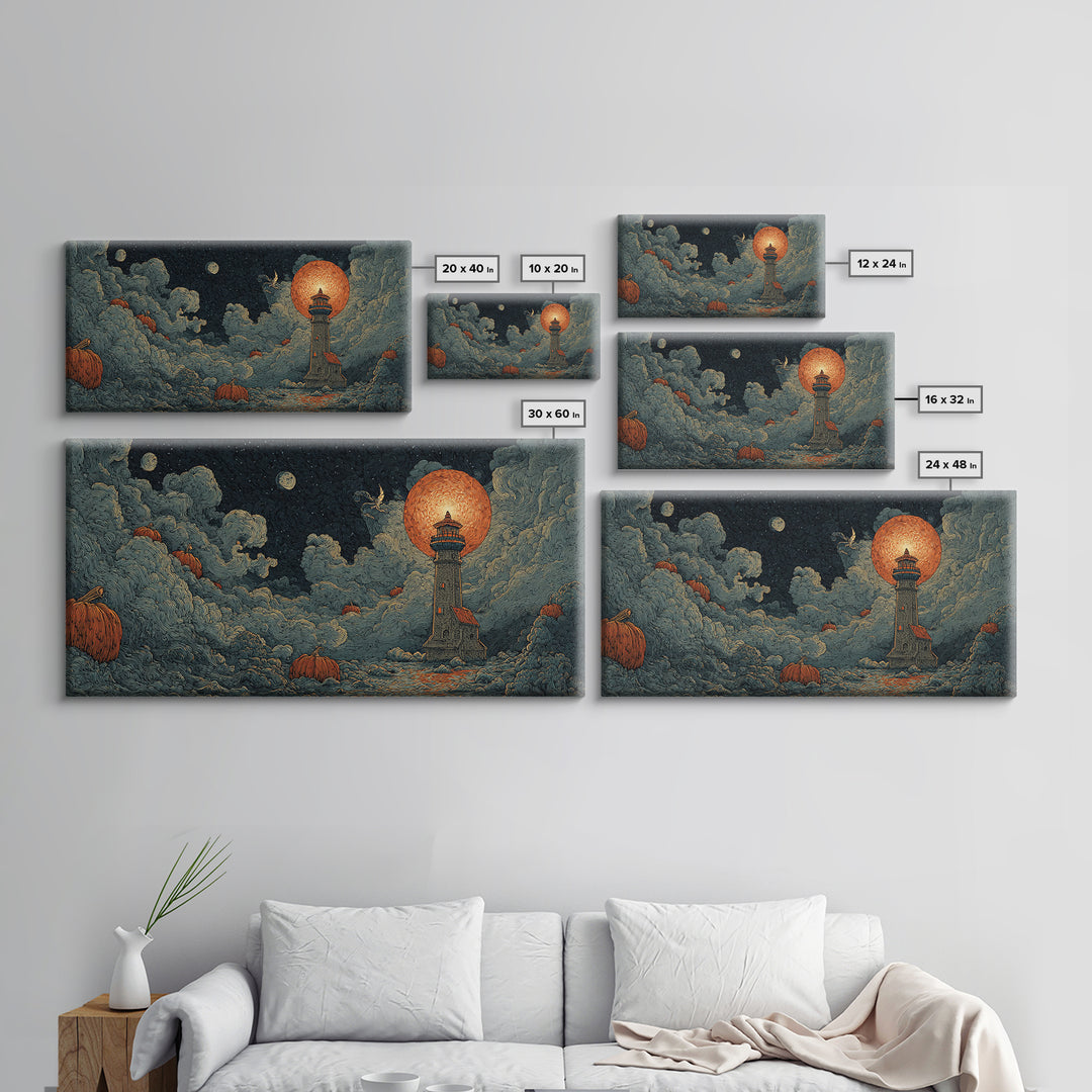 The Pumpkin Moon Lighthouse - Surreal Celestial Vision, Dark Fantasy Wall Art, Wide Panoramic Art, Canvas Print, Halloween Home Decor