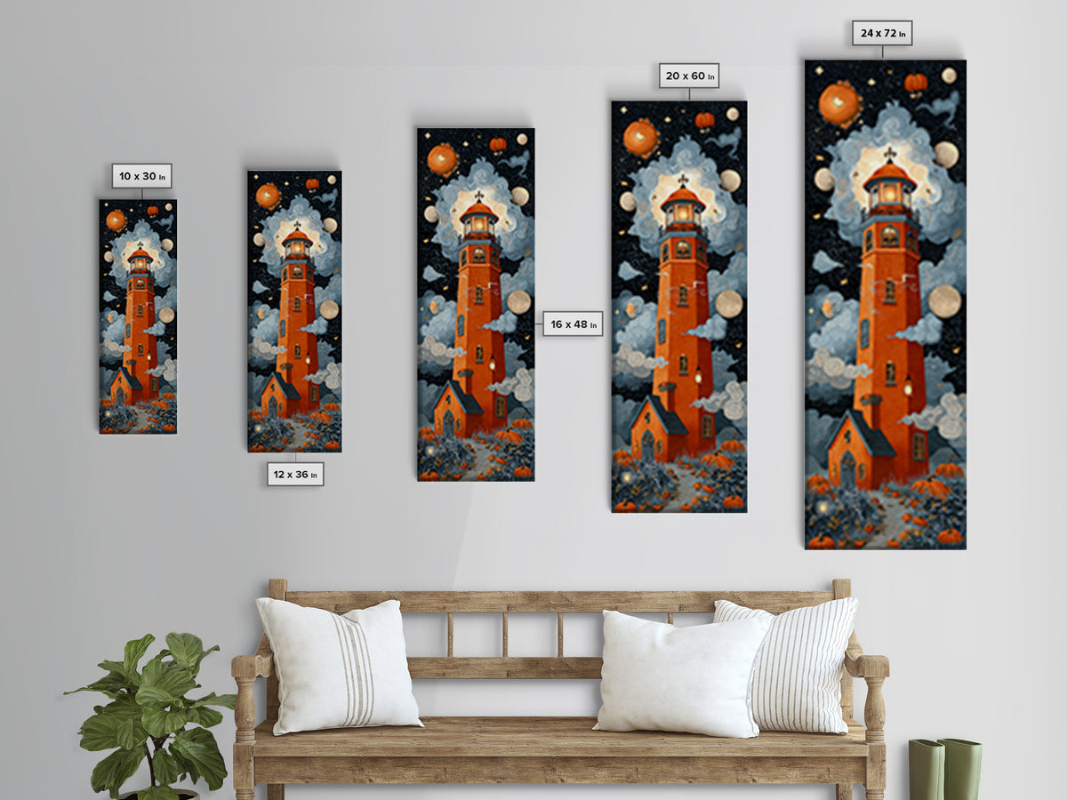 The Pumpkin Moon Lighthouse - Surreal Celestial Vision, Spooky Wall Decor, Tall Narrow Wall Art, Framed Canvas Print, Halloween Home Decor
