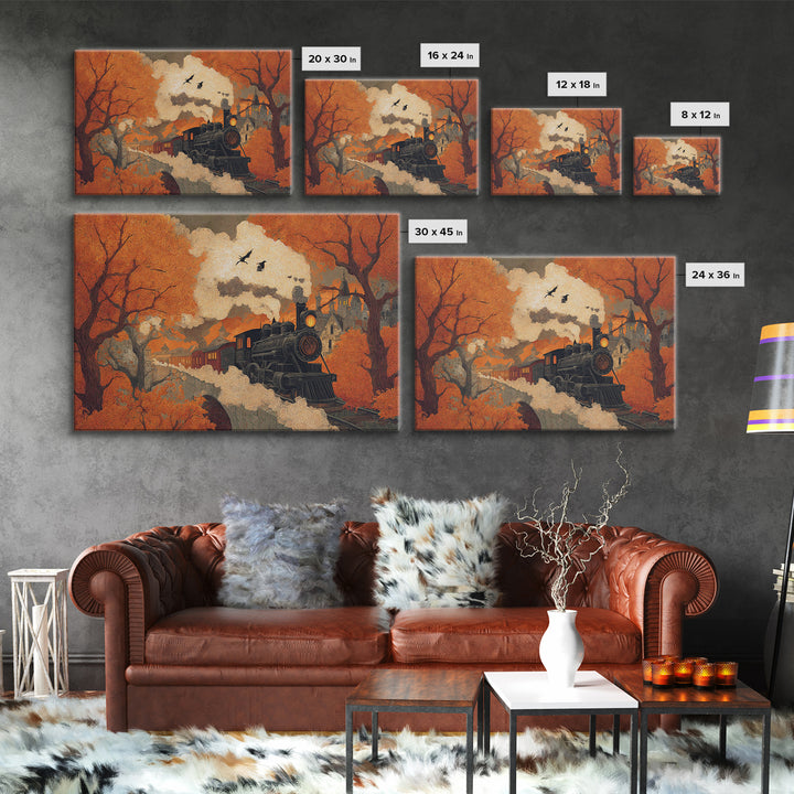 The Phantom Train Of October - Environmental Panorama, Halloween Wall Art, Landscape Wall Art, Framed Canvas Print, Halloween Home Decor