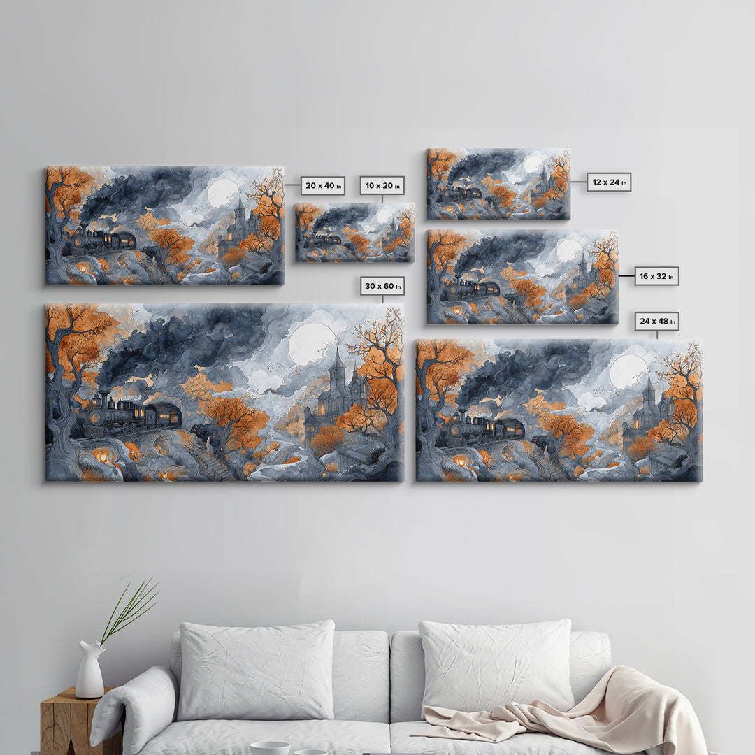 The Phantom Train Of October - Environmental Panorama, Dark Fantasy Wall Art, Wide Panoramic Art, Canvas Print, Halloween Home Decor