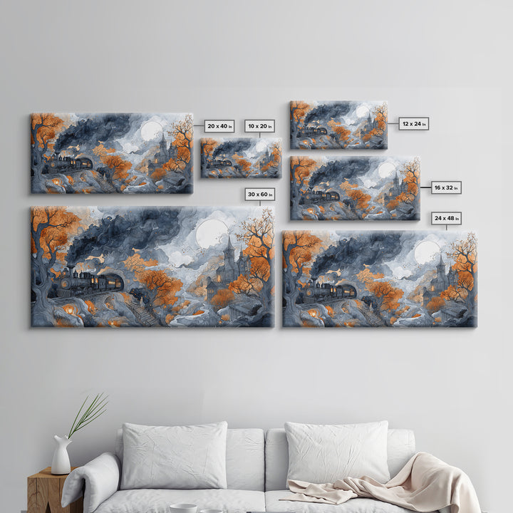 The Phantom Train Of October - Environmental Panorama, Dark Fantasy Wall Art, Wide Panoramic Art, Canvas Print, Halloween Home Decor