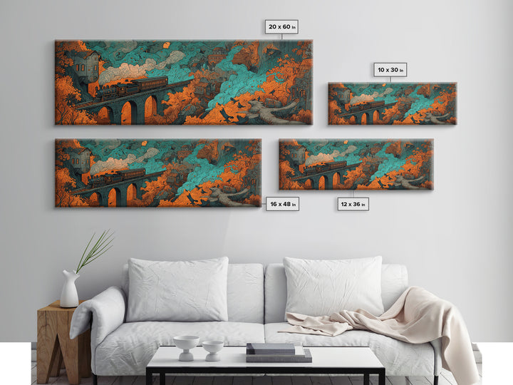The Phantom Train Of October - Environmental Panorama, Spooky Wall Decor, Extra Wide Wall Art, Framed Canvas Print, Halloween Home Decor