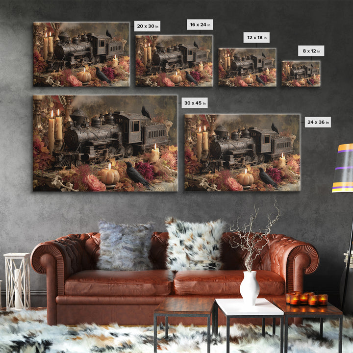 The Phantom Train Of October - Occult Still Life, Macabre Halloween Art, Landscape Wall Art, Framed Canvas Print, Halloween Home Decor