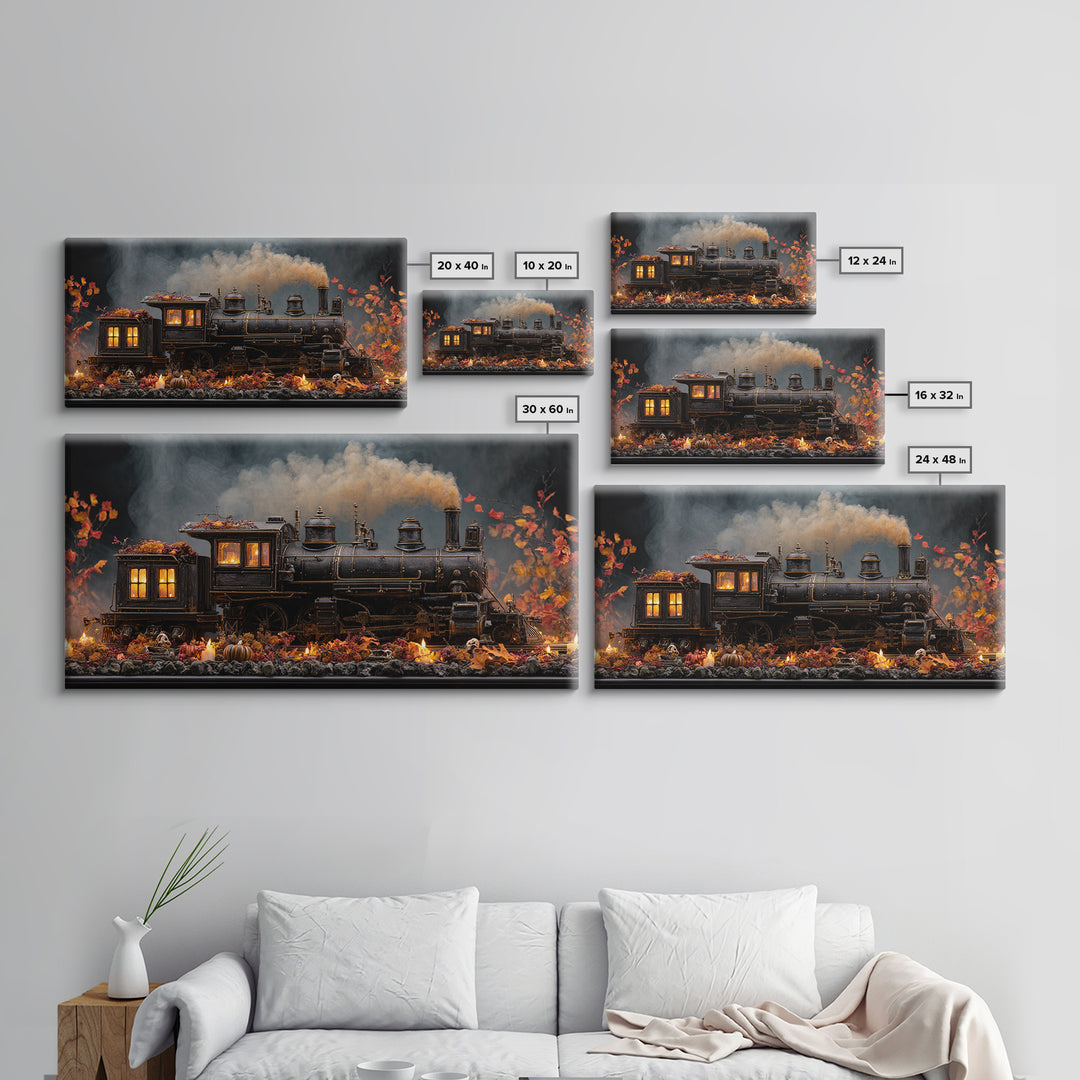 The Phantom Train Of October - Occult Still Life, Macabre Halloween Art, Wide Panoramic Art, Framed Canvas Print, Halloween Home Decor