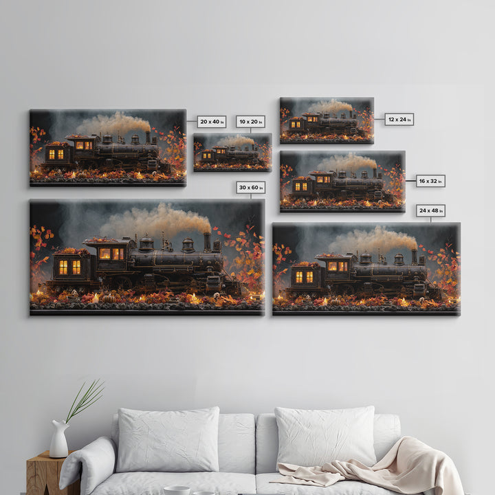 The Phantom Train Of October - Occult Still Life, Macabre Halloween Art, Wide Panoramic Art, Framed Canvas Print, Halloween Home Decor