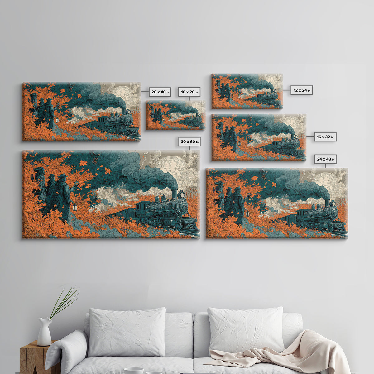 The Phantom Train Of October - Procession Scene, Halloween Wall Art, Wide Panoramic Art, Framed Canvas Print, Halloween Home Decor