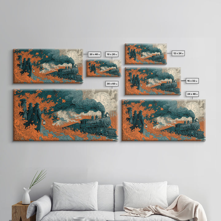 The Phantom Train Of October - Procession Scene, Halloween Wall Art, Wide Panoramic Art, Framed Canvas Print, Halloween Home Decor