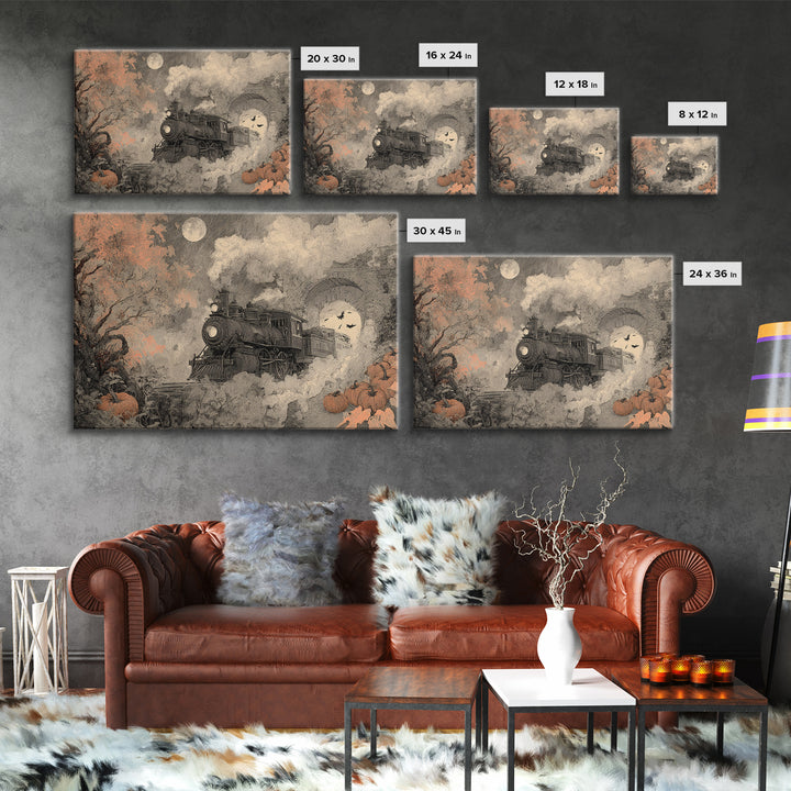 The Phantom Train Of October - Surreal Celestial Vision, Occult Wall Decor, Landscape Wall Art, Canvas Print, Halloween Home Decor