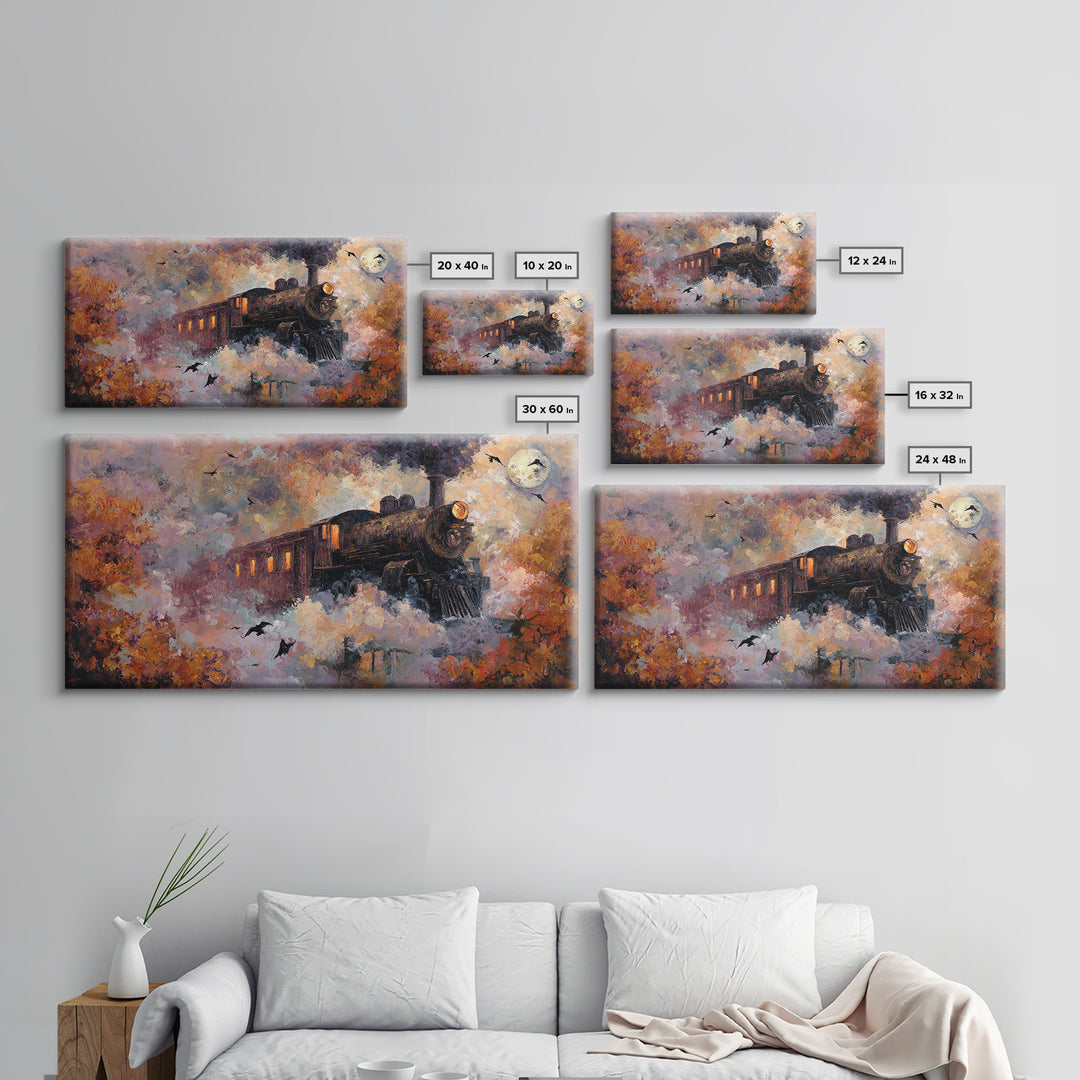 The Phantom Train Of October - Surreal Celestial Vision, Spooky Wall Decor, Wide Panoramic Art, Framed Canvas Print, Halloween Home Decor