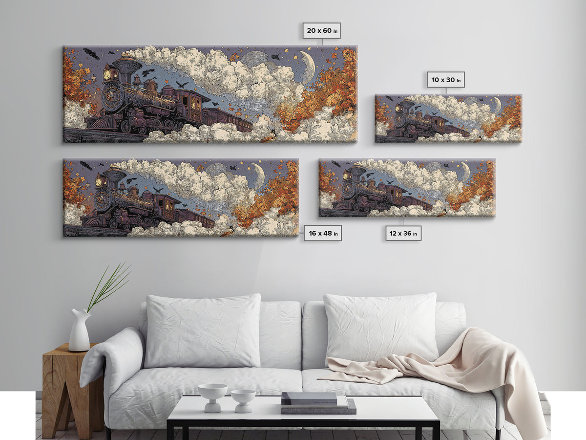 The Phantom Train Of October - Surreal Celestial Vision, Spooky Wall Decor, Extra Wide Wall Art, Framed Canvas Print, Halloween Home Decor