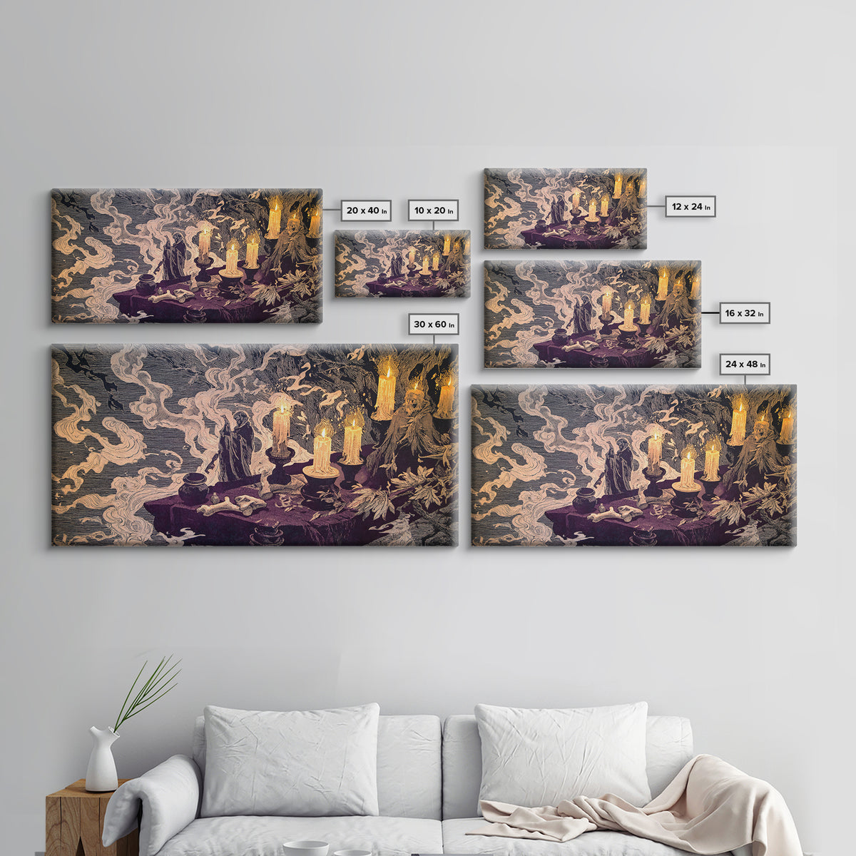 The Bone Key Still Life - Procession Scene, Spooky Wall Decor, Wide Panoramic Art, Framed Canvas Print, Halloween Home Decor