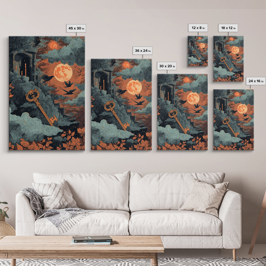 The Bone Key Still Life - Surreal Celestial Vision, Spooky Wall Decor, Vertical Wall Art, Framed Canvas Print, Halloween Home Decor
