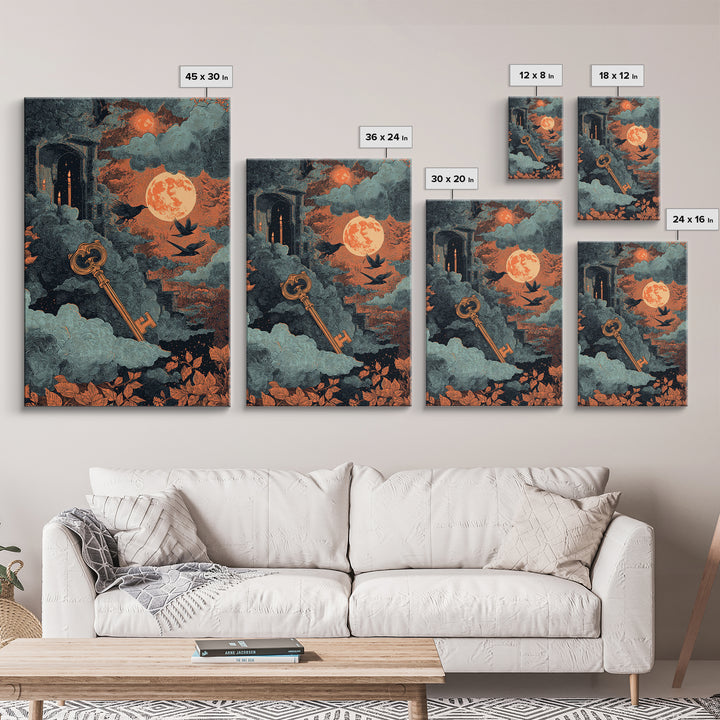 The Bone Key Still Life - Surreal Celestial Vision, Spooky Wall Decor, Vertical Wall Art, Framed Canvas Print, Halloween Home Decor