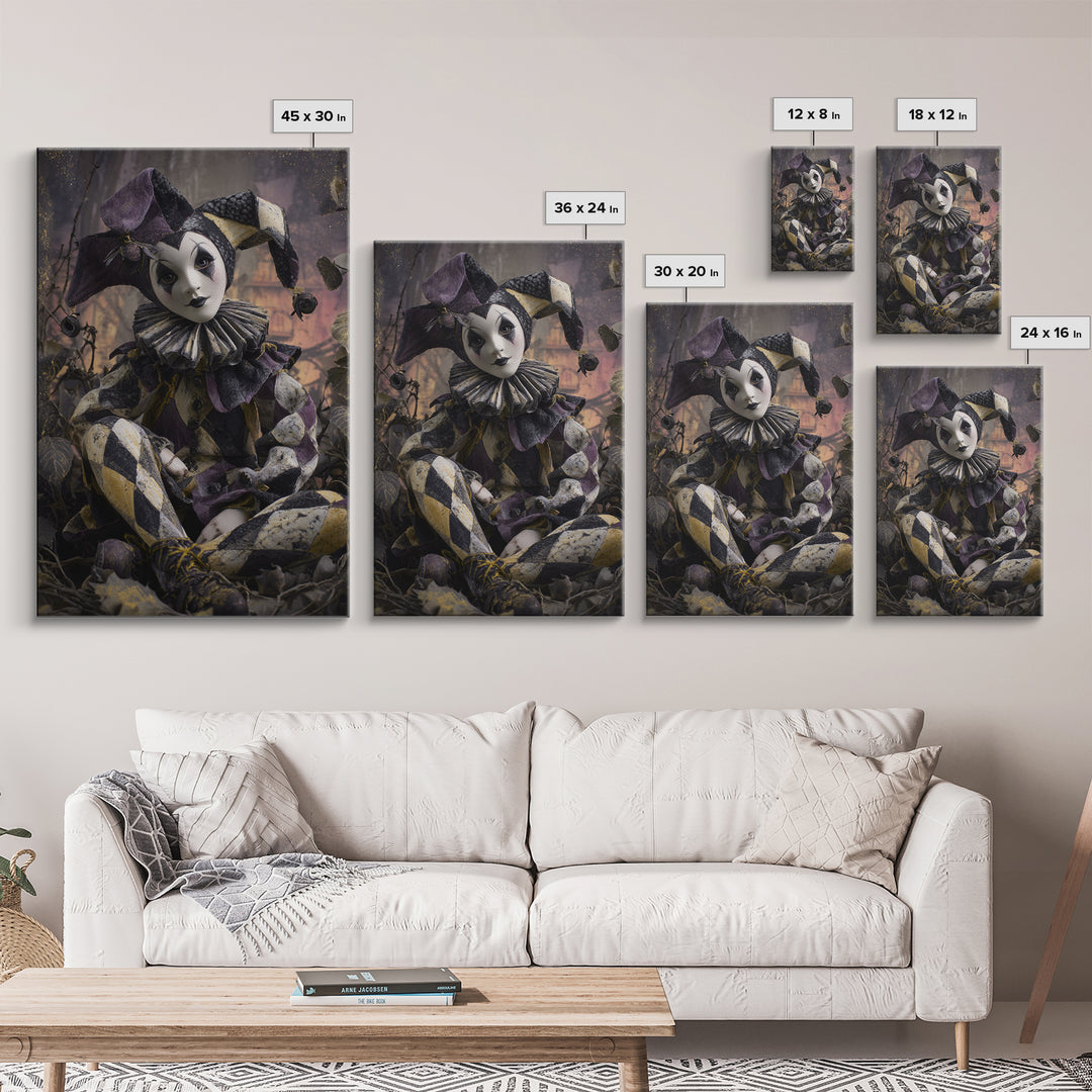 The Haunted Harlequin Doll - Environmental Panorama, Macabre Halloween Art, Vertical Wall Art, Framed Canvas Print, Halloween Home Decor
