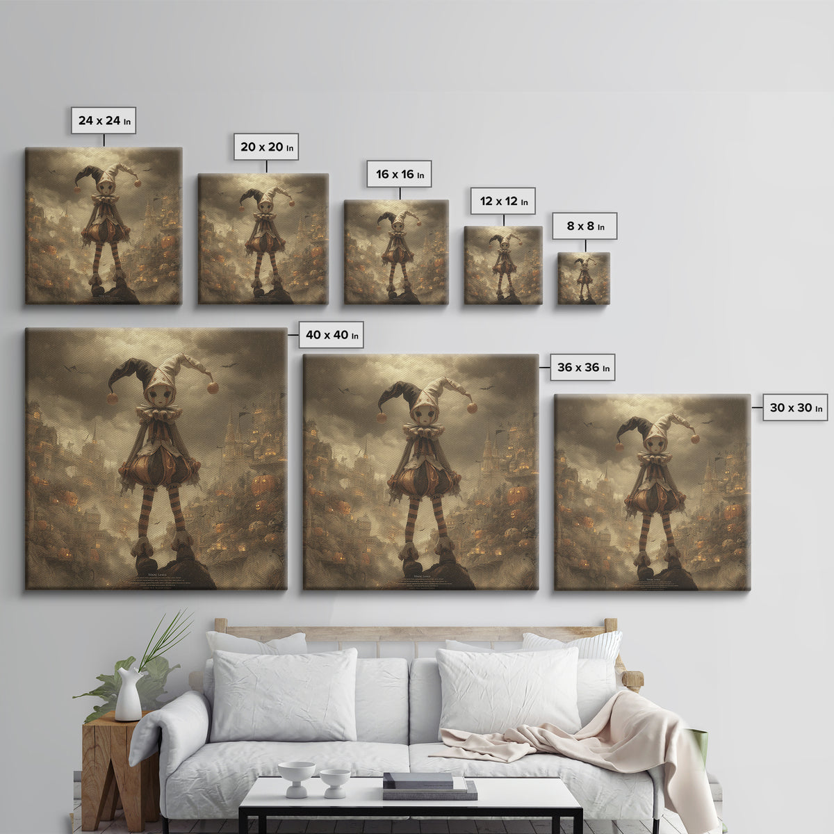 The Haunted Harlequin Doll - Environmental Panorama, Spooky Wall Decor, Square Wall Art, Framed Canvas Print, Halloween Home Decor