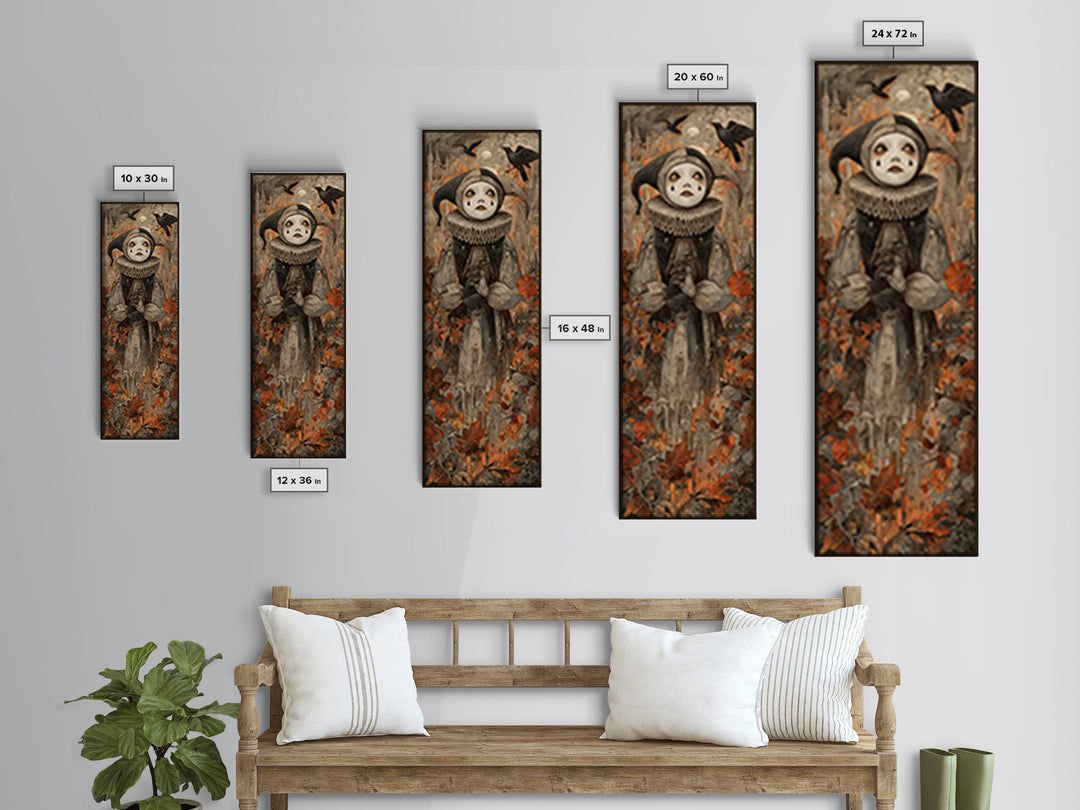 The Haunted Harlequin Doll - Environmental Panorama, Halloween Wall Art, Tall Narrow Wall Art, Framed Canvas Print, Halloween Home Decor