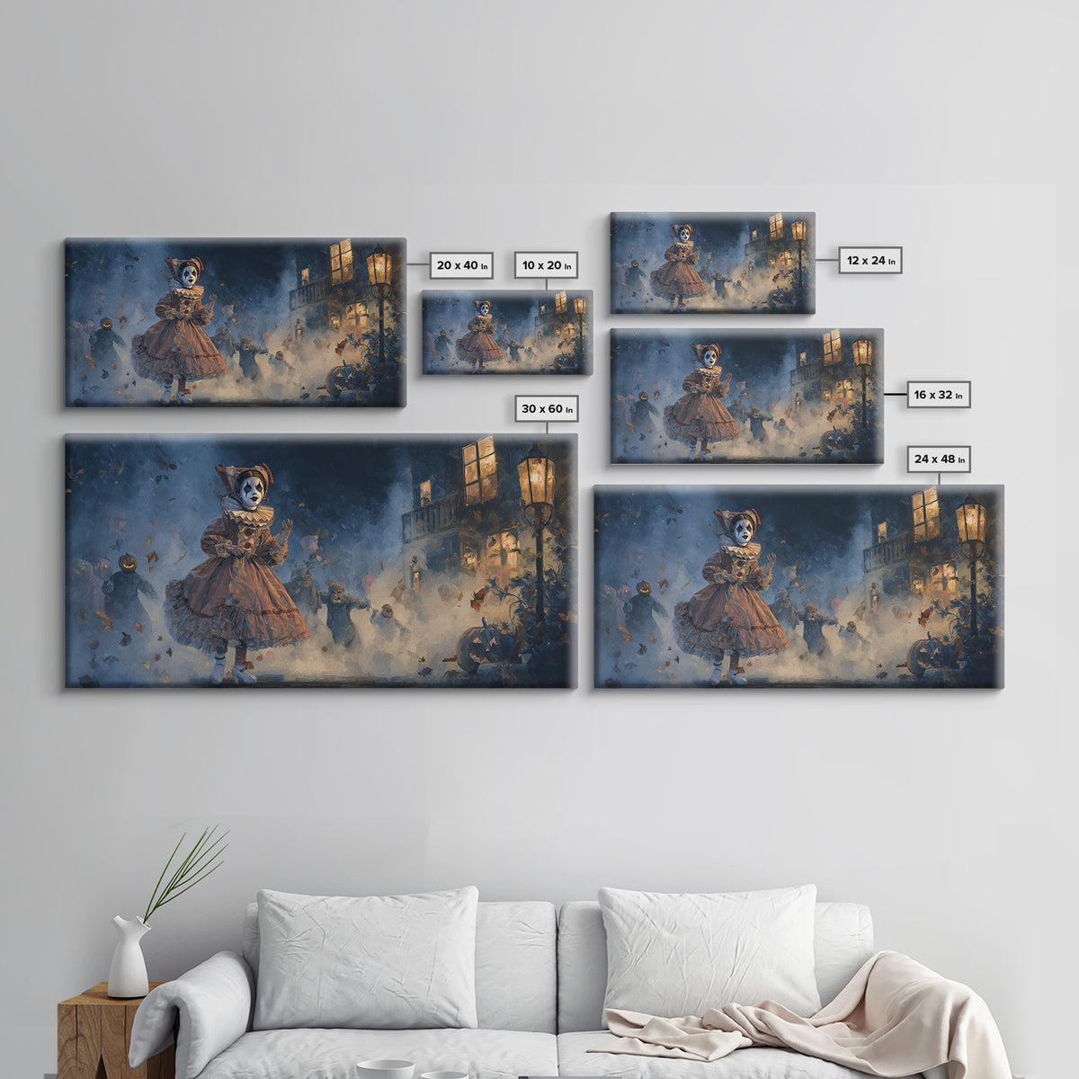 The Haunted Harlequin Doll - Procession Scene, Dark Fantasy Wall Art, Wide Panoramic Art, Canvas Print, Halloween Home Decor