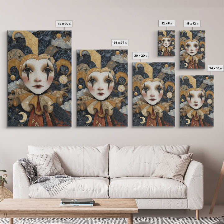 The Haunted Harlequin Doll - Surreal Celestial Vision, Dark Fantasy Wall Art, Vertical Wall Art, Canvas Print, Halloween Home Decor