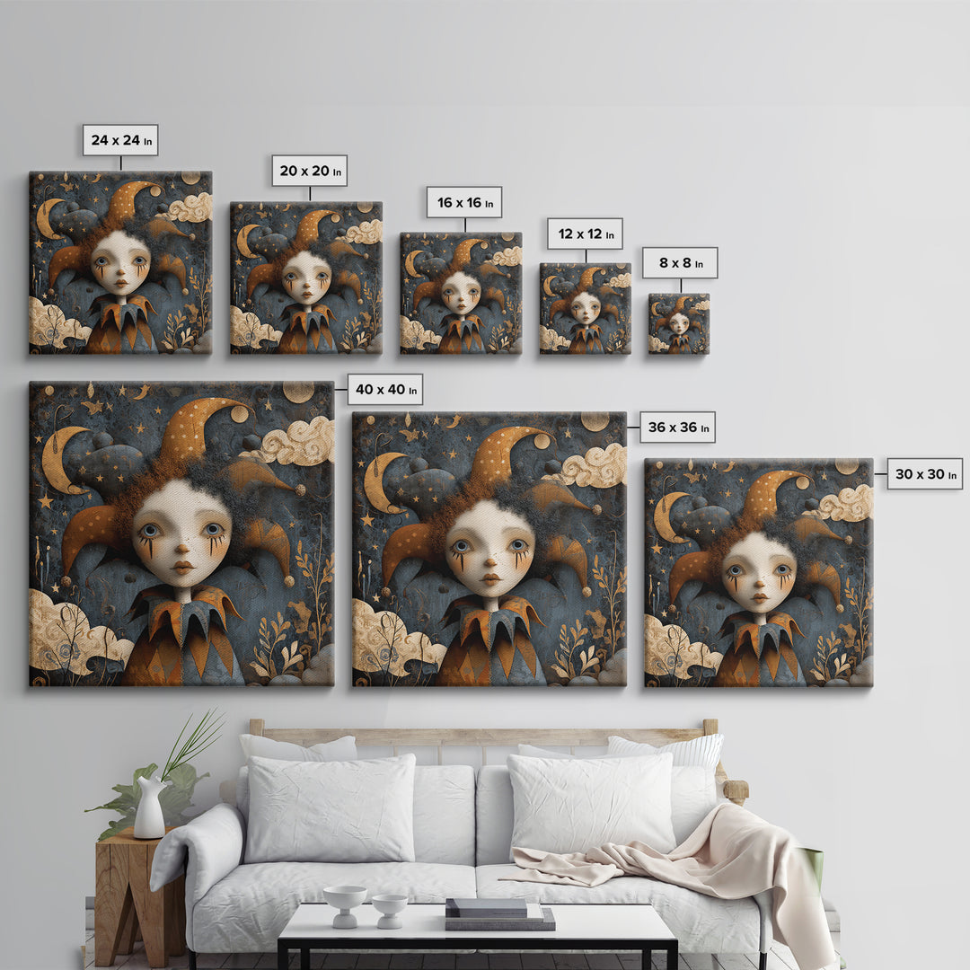 The Haunted Harlequin Doll - Surreal Celestial Vision, Halloween Wall Art, Square Wall Art, Framed Canvas Print, Halloween Home Decor