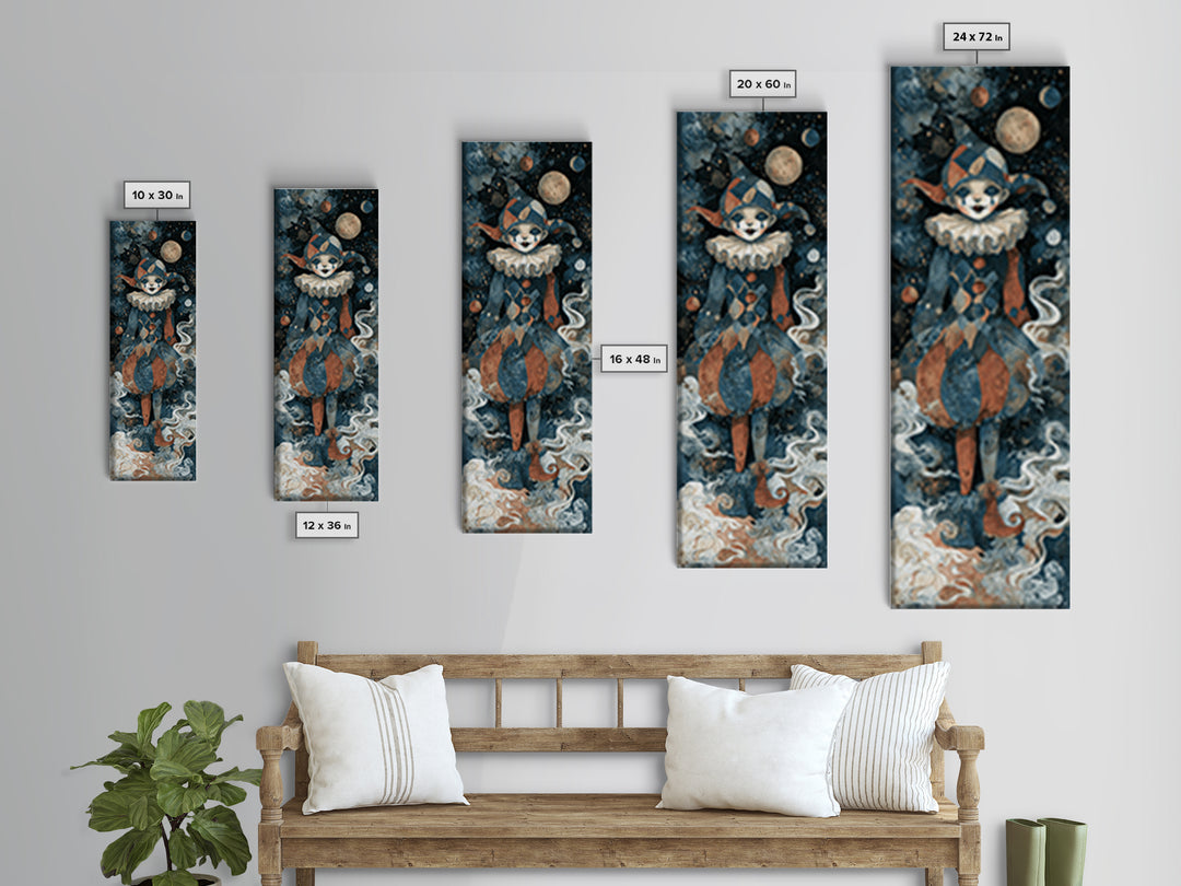 The Haunted Harlequin Doll - Surreal Celestial Vision, Dark Fantasy Wall Art, Tall Narrow Wall Art, Canvas Print, Halloween Home Decor