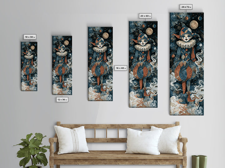 The Haunted Harlequin Doll - Surreal Celestial Vision, Dark Fantasy Wall Art, Tall Narrow Wall Art, Canvas Print, Halloween Home Decor