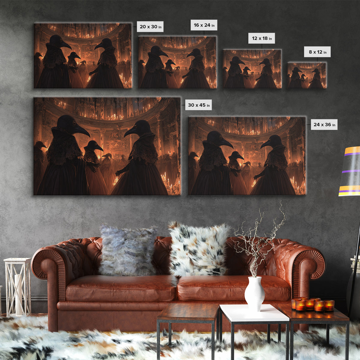 The Raven-Masked Ballroom - Icon Portrait, Macabre Halloween Art, Landscape Wall Art, Framed Canvas Print, Halloween Home Decor