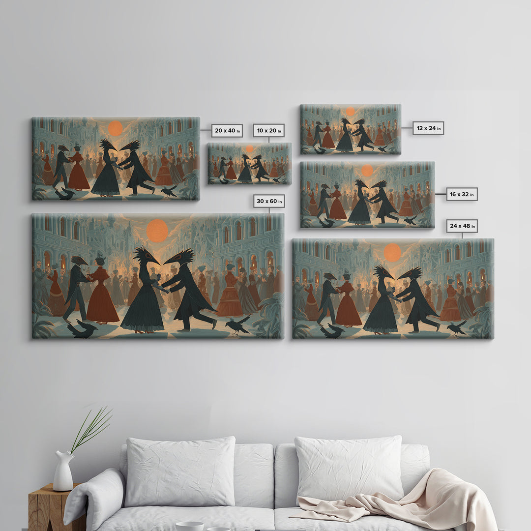 The Raven-Masked Ballroom - Environmental Panorama, Macabre Halloween Art, Wide Panoramic Art, Framed Canvas Print, Halloween Home Decor