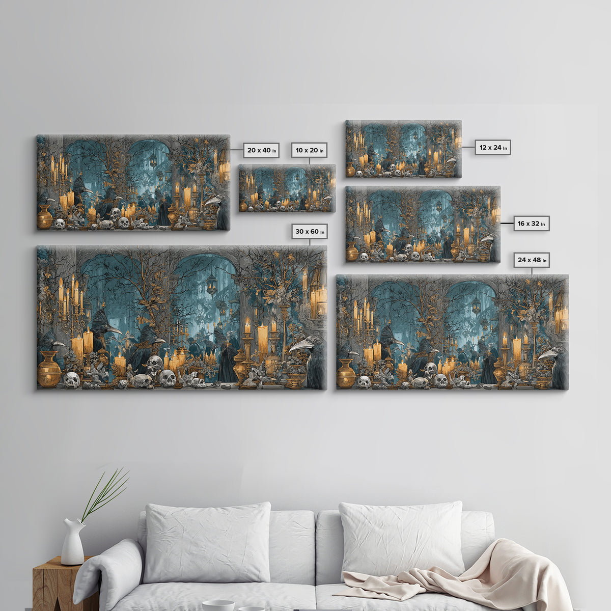 The Raven-Masked Ballroom - Occult Still Life, Halloween Wall Art, Wide Panoramic Art, Framed Canvas Print, Halloween Home Decor