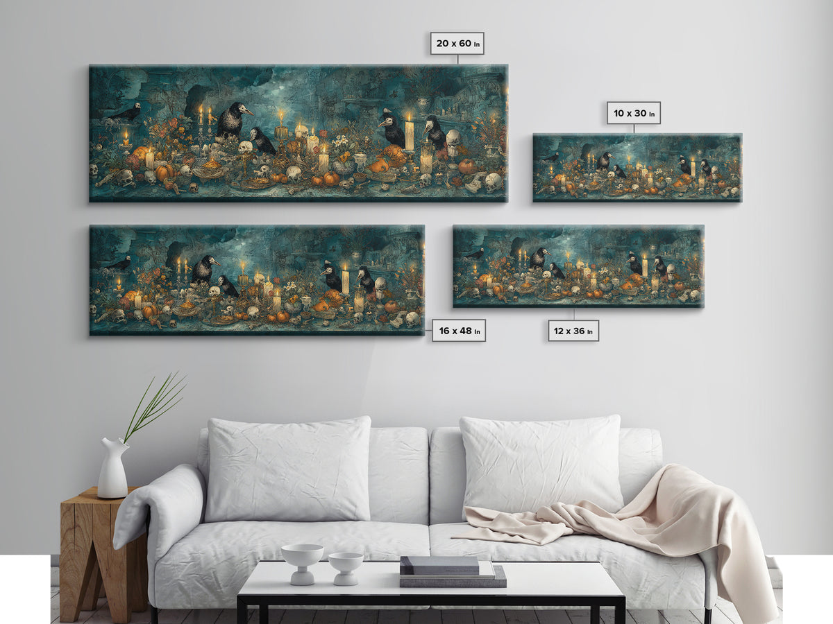 The Raven-Masked Ballroom - Occult Still Life, Halloween Wall Art, Extra Wide Wall Art, Framed Canvas Print, Halloween Home Decor