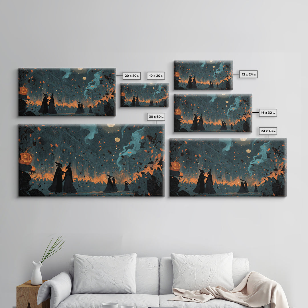 The Raven-Masked Ballroom - Procession Scene, Spooky Wall Decor, Wide Panoramic Art, Framed Canvas Print, Halloween Home Decor