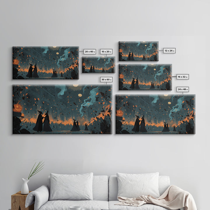 The Raven-Masked Ballroom - Procession Scene, Spooky Wall Decor, Wide Panoramic Art, Framed Canvas Print, Halloween Home Decor