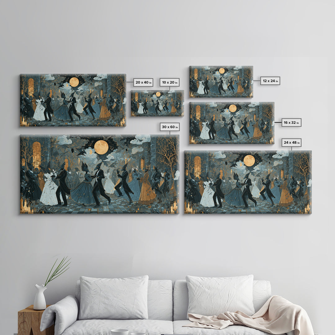 The Raven-Masked Ballroom - Surreal Celestial Vision, Occult Wall Decor, Wide Panoramic Art, Canvas Print, Halloween Home Decor