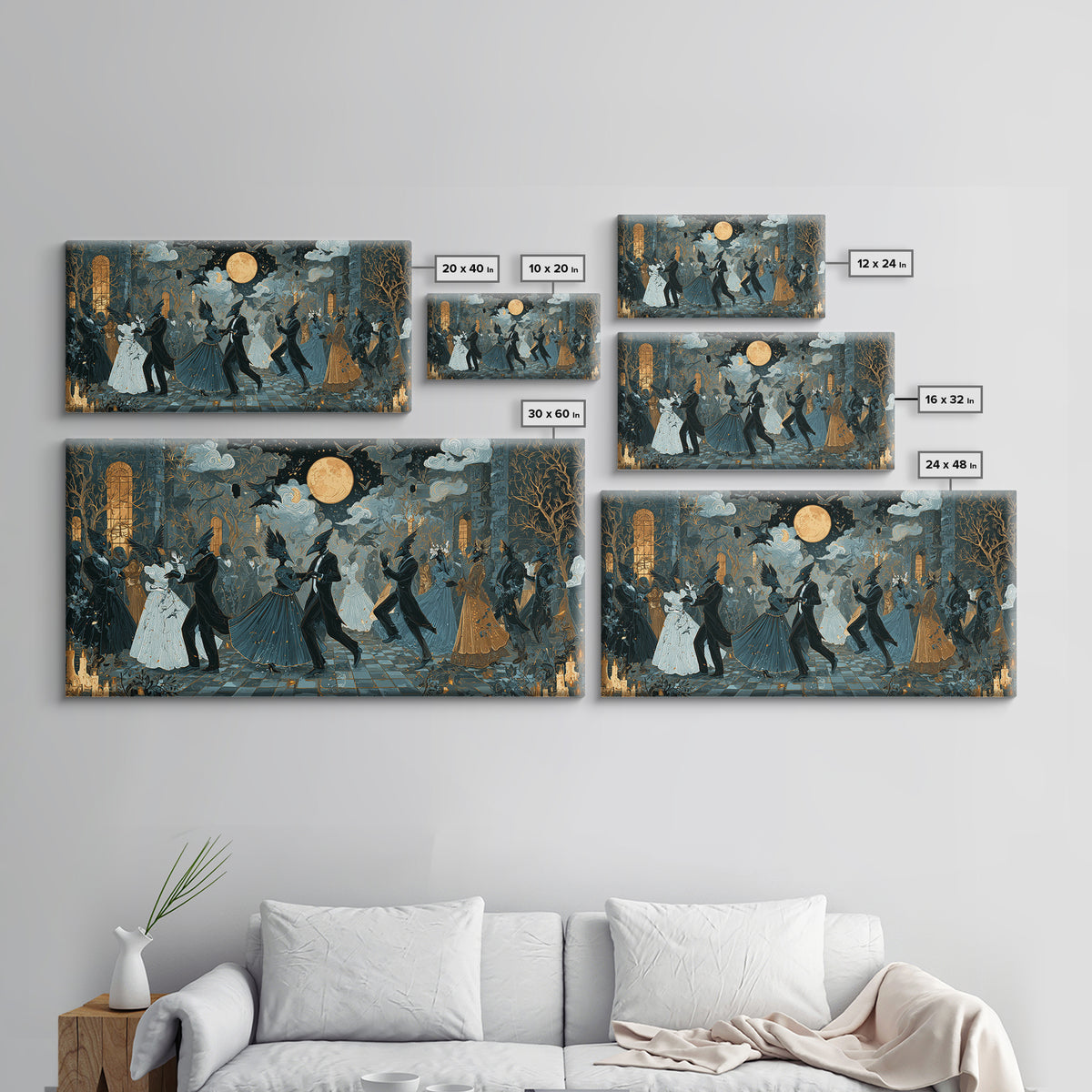 The Raven-Masked Ballroom - Surreal Celestial Vision, Occult Wall Decor, Wide Panoramic Art, Canvas Print, Halloween Home Decor