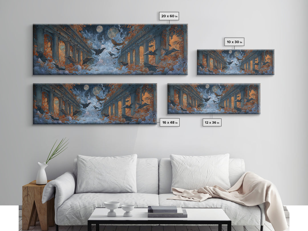 The Raven-Masked Ballroom - Surreal Celestial Vision, Dark Fantasy Wall Art, Extra Wide Wall Art, Canvas Print, Halloween Home Decor