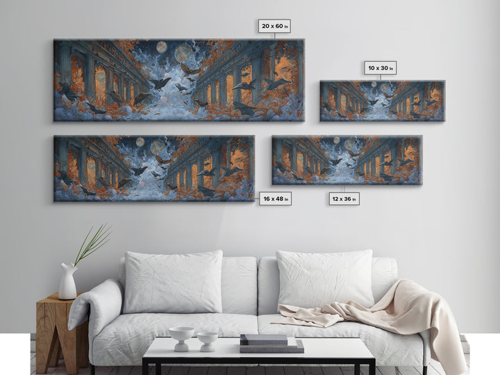 The Raven-Masked Ballroom - Surreal Celestial Vision, Dark Fantasy Wall Art, Extra Wide Wall Art, Canvas Print, Halloween Home Decor