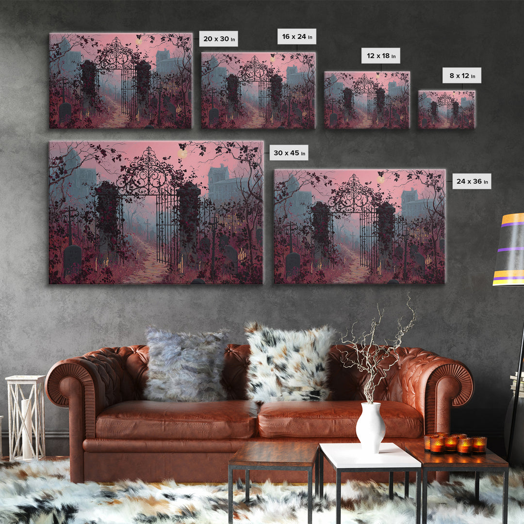 The Black Rose Cemetery Gate - Environmental Panorama, Macabre Halloween Art, Landscape Wall Art, Framed Canvas Print, Halloween Home Decor