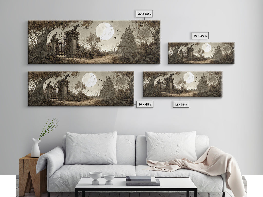 The Black Rose Cemetery Gate - Environmental Panorama, Macabre Halloween Art, Extra Wide Wall Art, Framed Canvas Print, Halloween Home Decor