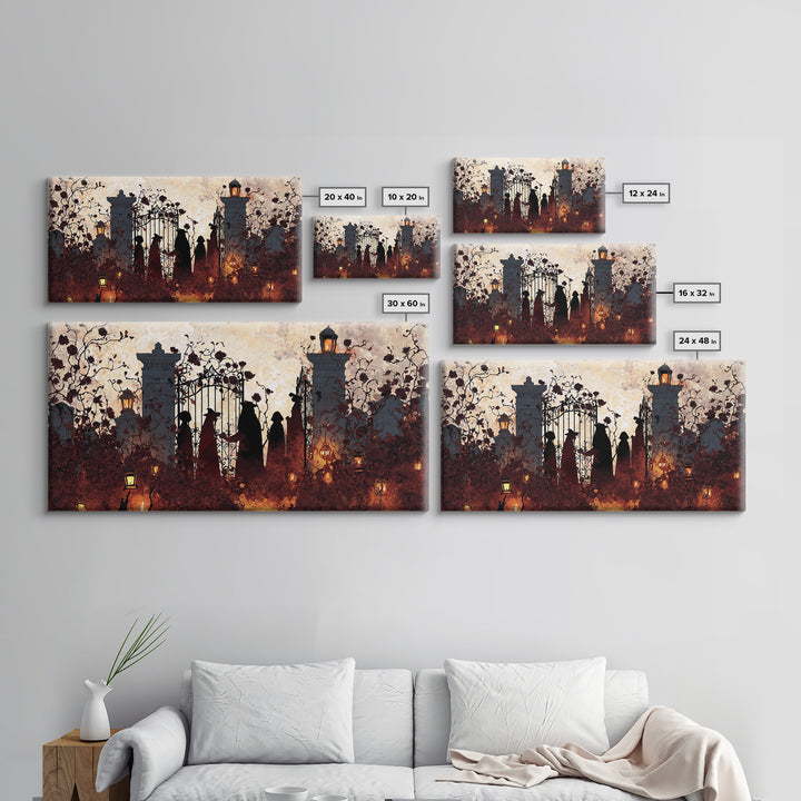The Black Rose Cemetery Gate - Procession Scene, Spooky Wall Decor, Wide Panoramic Art, Framed Canvas Print, Halloween Home Decor